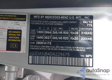 2013 Mercedes-Benz Ml 350 из США, поврежденный, VIN 4JGDA5JB4DA229675